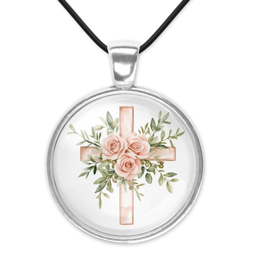 Floral Cross Pendant Necklace 1 Inch
